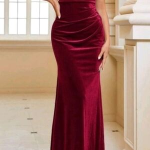 NEW Luxe Velvet Ruched Mermaid Maxi Dress Formal Burgundy Red